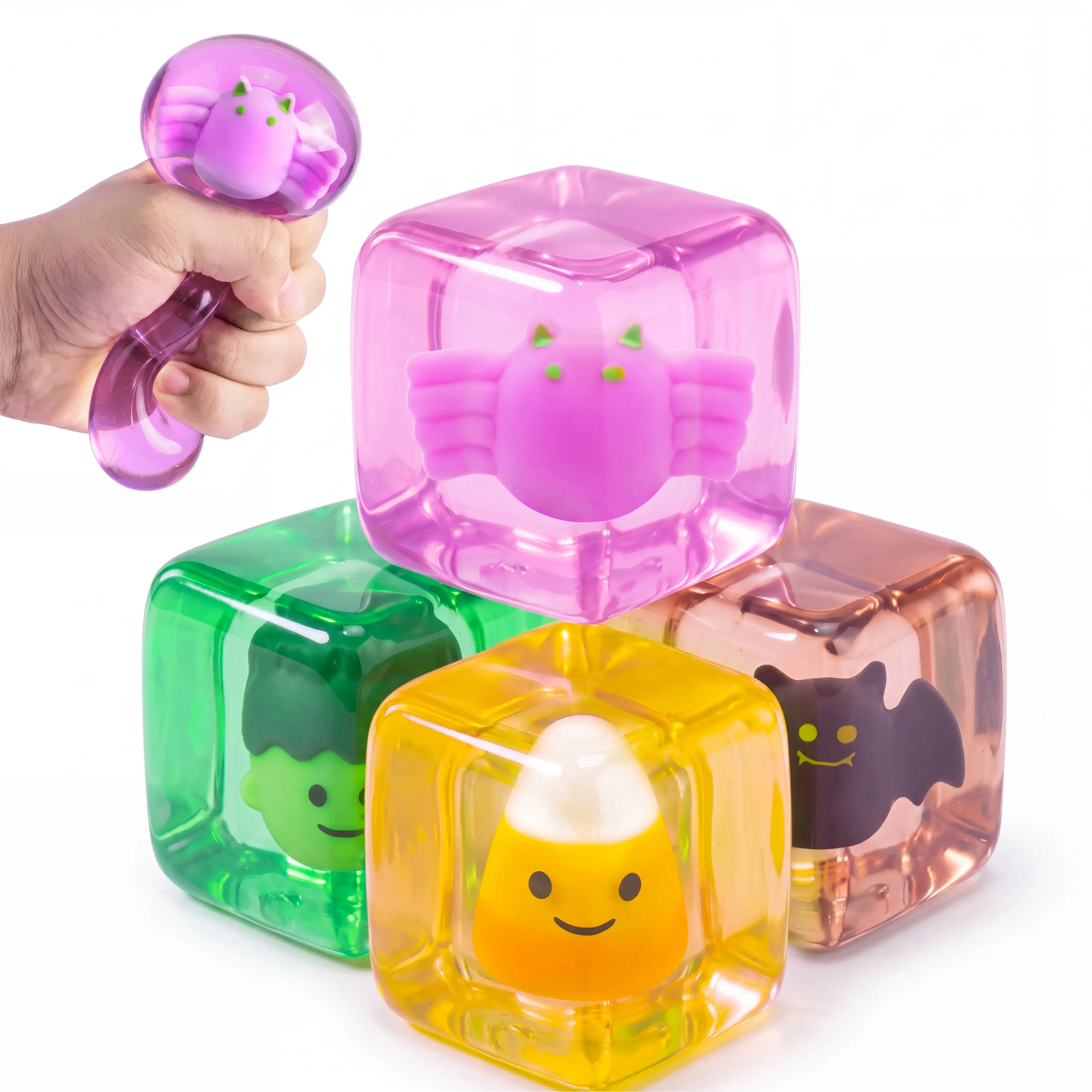 JOYIN 4pcs Glow-in-the-Dark Halloween Stress Cube, 2'' Slow Rising Ice Cube Squishy Toys, High Density Relief Stress Balls, Sensory Toy for Kids, Party Favors, Trick or Treating, Classroom Prize