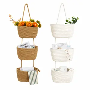 Dahey 3-Tier Woven Boho Jute & White Over-The-Door Hanging Basket with Hooks, Wall-Mounted Storage Organizer for Bedroom, Bathroom Decor Ideas, Pantry Organization