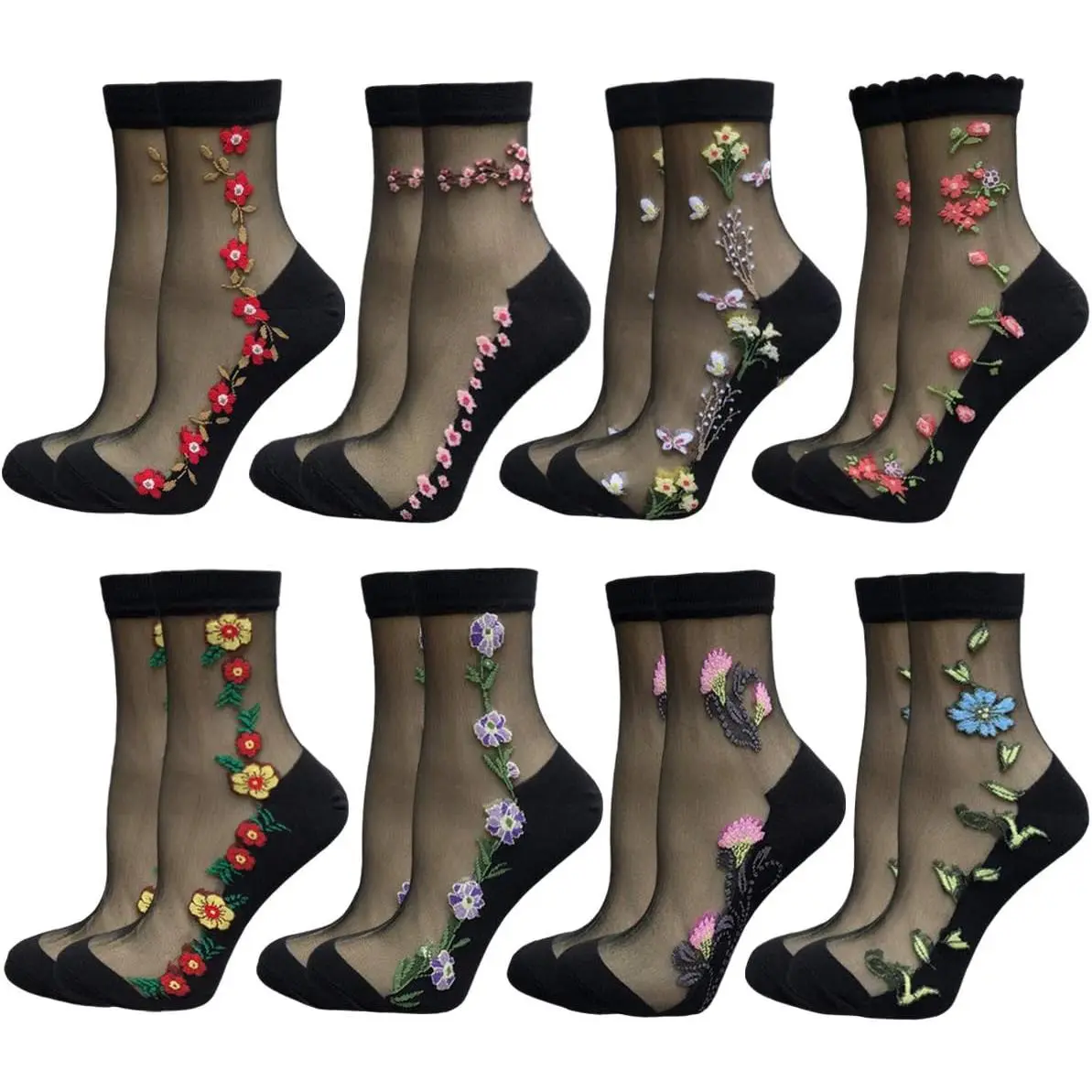 Women's 5-Pair Ultra-Thin Sheer Mesh Lace Fishnet Ankle Socks, Breathable Floral Embroidery Casual Crew Socks, Breathability Ankle Socks