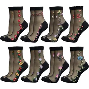 Women's 5-Pair Ultra-Thin Sheer Mesh Lace Fishnet Ankle Sheer Stockings, Floral Embroidery Casual Crew Socks (As Shown in Photos)