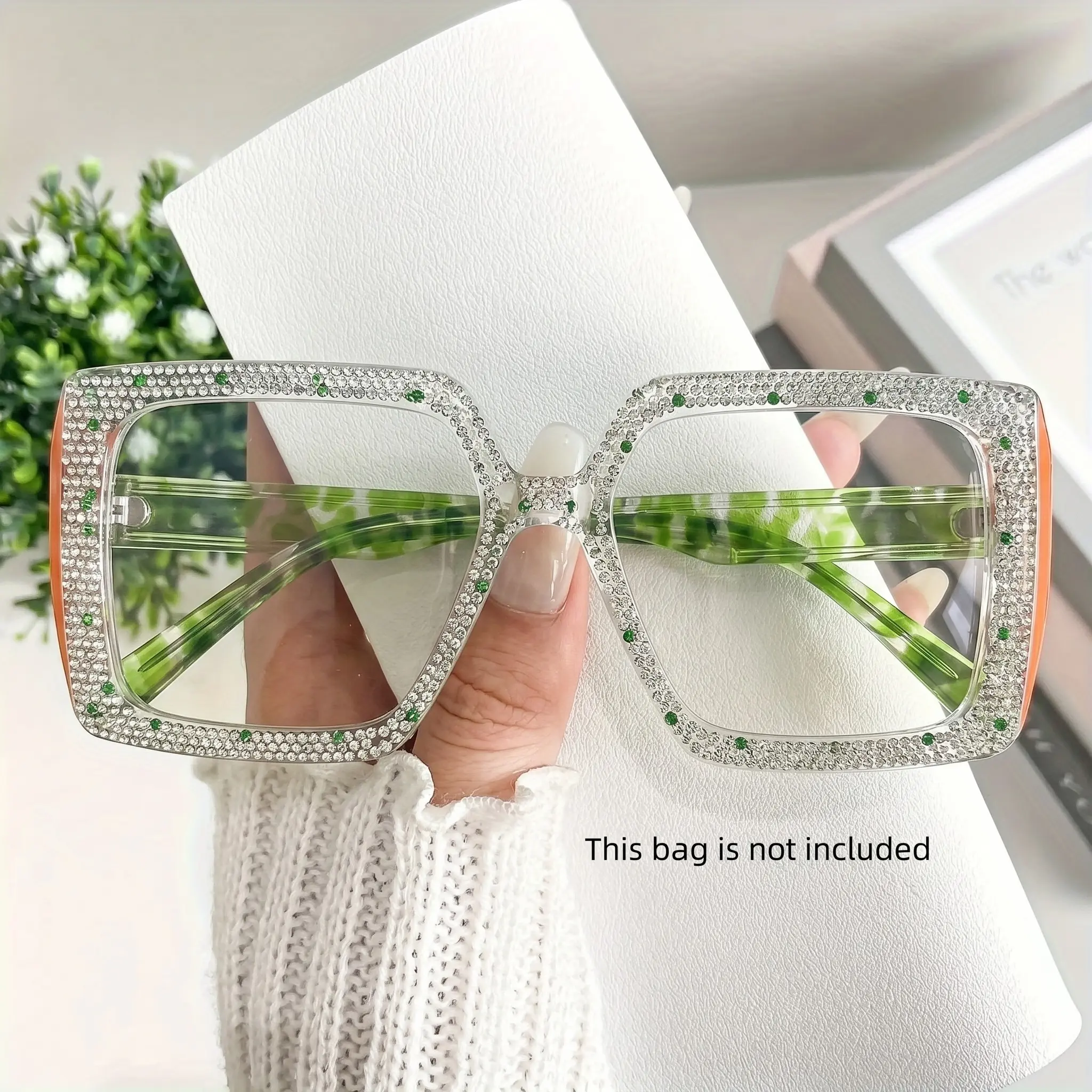Women's Large Frame Square Rhinestone Clear Reading Glasses, Sparkling Fashion Blue Light Blocking Eyewear, Anti-Glare Computer Protective Glasses, Reading Eyeglasses