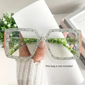 Women's Large Frame Square Rhinestone Clear Reading Glasses, Sparkling Fashion Blue Light Blocking Eyewear, Anti-Glare Computer Protective Glasses, Reading Eyeglasses