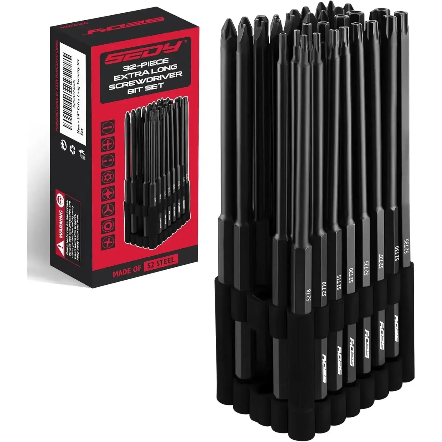 Extra Long Security Bit Set: 32-Piece S2 Steel Screwdriver Drill Bits for Tamper-Proof Screws, 6" Torx, PoziDriv, Spanner, Tri-Wing - Universal 1/4" Hex Shank for Electric, Impact DrillsQuesear