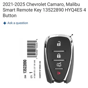 2021-2025 Chevrolet Camaro, Malibu Smart Remote Key 13522890 HYQ4ES 4 Button