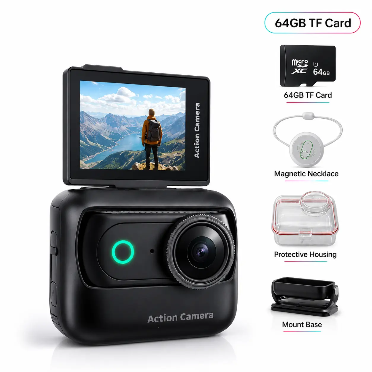 【Action Me】 Portable vlogging camera Action Camera w/ Flip Screen, Hands-Free POV Vlog Camera, Phone-Compatible, Includes Charging Case & Cap Mount (Blk/Wht/Pnk) - Free Protective Case Included