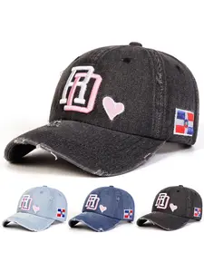 Unisex Denim Trendy Distressed Look Baseball Cap, Adjustable Sun Protection Casual Hat, Spring & Fall Outdoor Travel Beach Vacation, Fitted Letter Pattern, Quality Caps