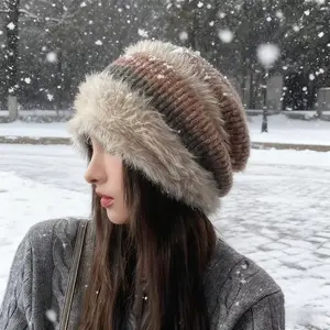 Autumn/Winter Lazy Style Slouch Hat, Plush Earflap Buffet Hat, Women's Japanese Style Versatile Beanie, Face-Slimming Postpartum Hat