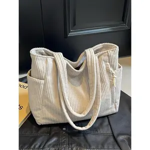 American Minimalist Corduroy Large Capacity Tote, Zipper Side Pocket, Versatile Daily Bag for Work & School