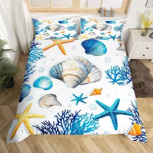 Summer Beach Kid Duvet Cover Setstarfish Coral Shell Marine Life Ocean Bedding Set,Girls Women Room Decor,Conch Lake House Cabin Sea Blue Dreamy Quilt Cover,(No Comforter)