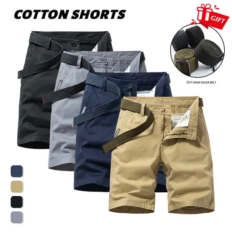 Clean Gent men’s minimalist pure cotton cargo shorts, includes a matching belt in the same color, breathable fabric that absorbs sweat—ideal for summer indoor and outdoor wear, machine washable, perfect as a gift.