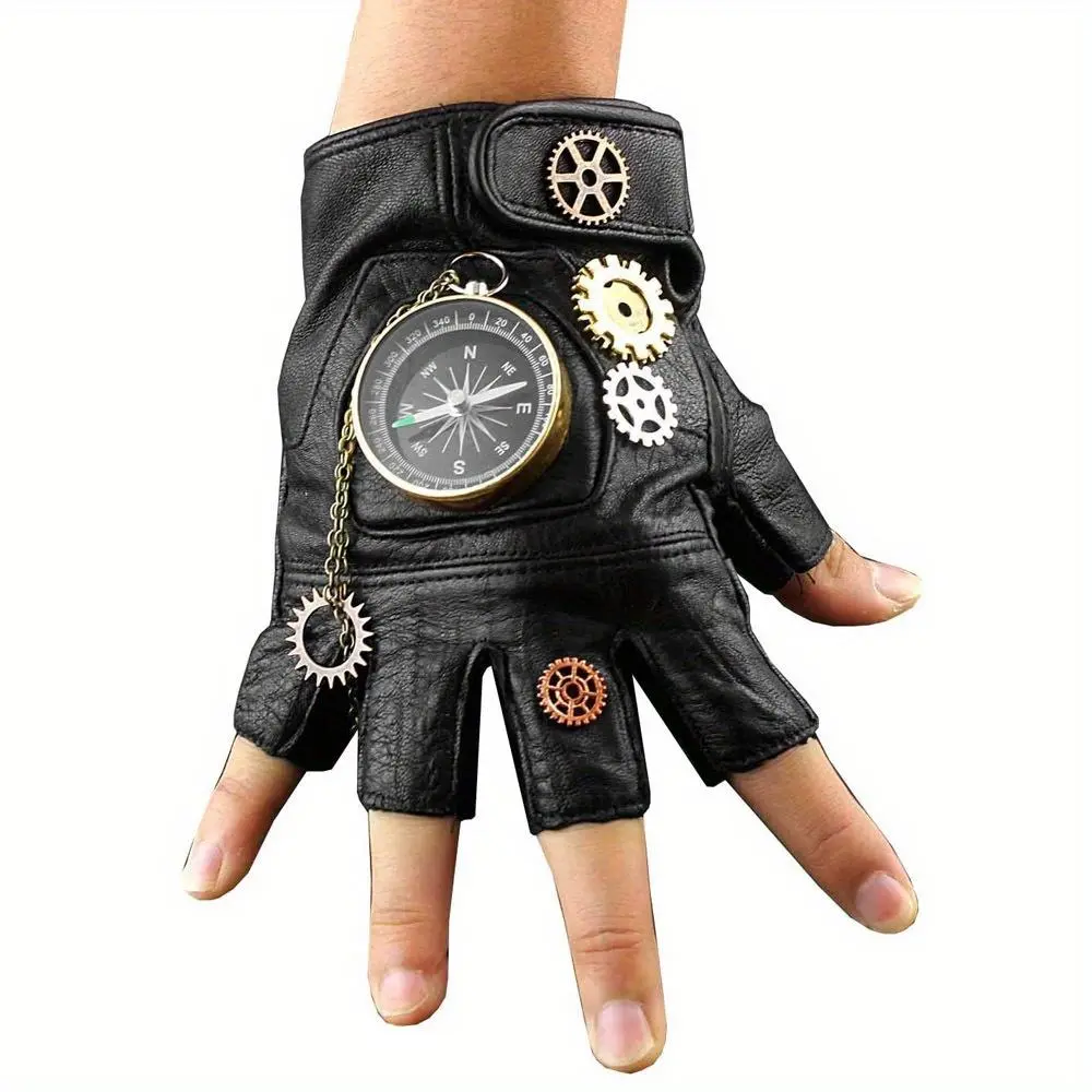 Vintage Steampunk Cosplay Gloves, Real Leather Fingerless Gears Gloves for Male and Female Fashion Accessories