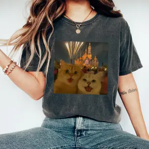 Funny Cat Disneyland Shirt, Comfort Color Cat Meme Tee, Fireworks Theme Graphic T-Shirt for Men Women