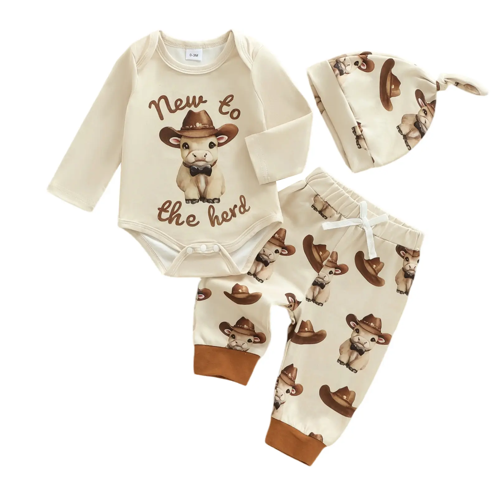 Newborn Baby 3-Piece Outfit Set, Casual 'New to the Herd' Graphic Long Sleeve Romper with Polyester Cow Print Pants & Hat, Newborn Outfits Set, Clothes, Baby Clothing, Boys, 3‑Pc Outfit Set
