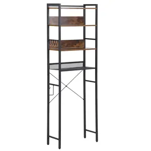 Segawe Over-the-toilet Storage Rack with Hooks Metal Frame Home Bathroom Storage Shelf Brown
