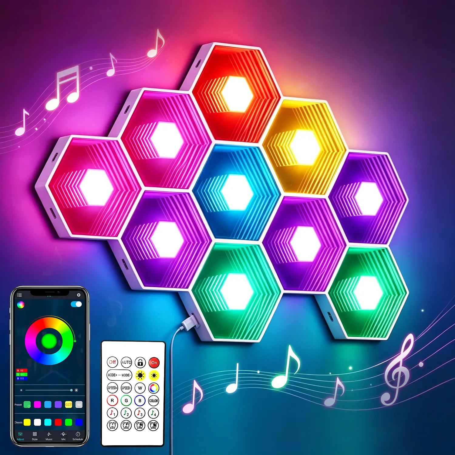 RGB Hexagonal Wall Light Panels, Music Sync Gaming Light, App & Remote Control Hex LED Wall Lights, DIY Assemble Infinite Tunnel Effect Light, USB Powered Color Changing Ambient Light for Gaming Room Bedroom Streaming Decor