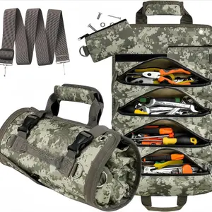 Roll Up Tool Bag, Tool Storage Bag, Portable Tool Organizer Bag with 2 Detachable Zipper Pouch, Compact Small Carrier Bag for Electrician Mechanic