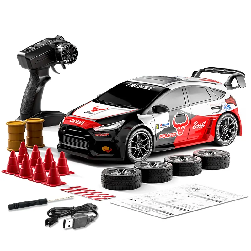2.4GHz 4WD Remote Control Drift Car Toy - Adjustable Speed, LED Lights, Extra Tires, Obstacle Accessories, Batteries Included - Kids Racing Gift for 3-4 Years Old