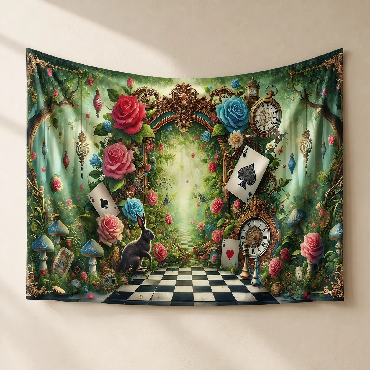 Alice in Wonderland Fantasy Forest Backdrop, Printed Polyester Photo Background with Rabbit, Roses, Playing Cards, Clocks and Checkerboard Path, Reusable Party and Event Wall Decor