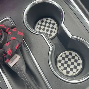 2pcs/set Car Cup Holder Coasters With Rhinestones, Universal PVC Anti-slip Pad Plaid Coaster, Auto Interior Accessories Decorations, Car Interior Accessories Girls