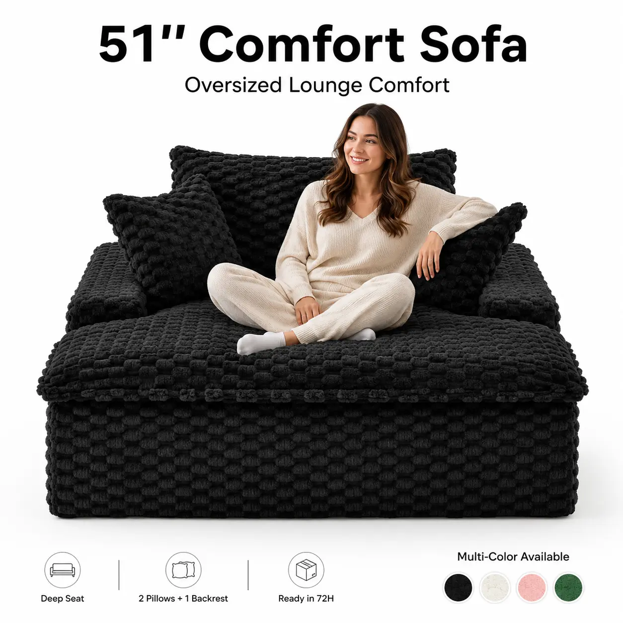 51-Inch Oversized Corduroy Lounge Sofa Chair, Deep-Seat Cloud Couch with 2 Pillows and Back Cushion, No Assembly Required for Living Room, Bedroom or Apartment, Black boneless