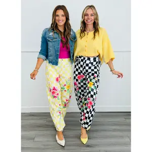 Checkered Floral Print Barrel Pants (Reg. & Plus) - 2 Colors
