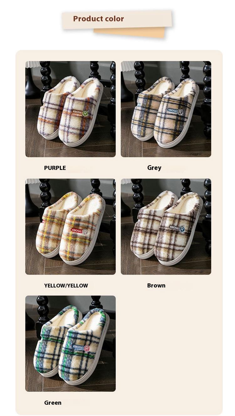 Women's Home Plush Warm Non-slip Plaid Cotton Shoes