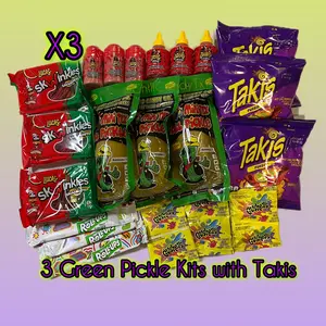 Family Three Pack Green Pickle Kits with Takis, Lucas Powder, Liquid Lucas, Salsaghetti Skwinkles, Gushers, and Fruit Roll Ups Snacks Gift