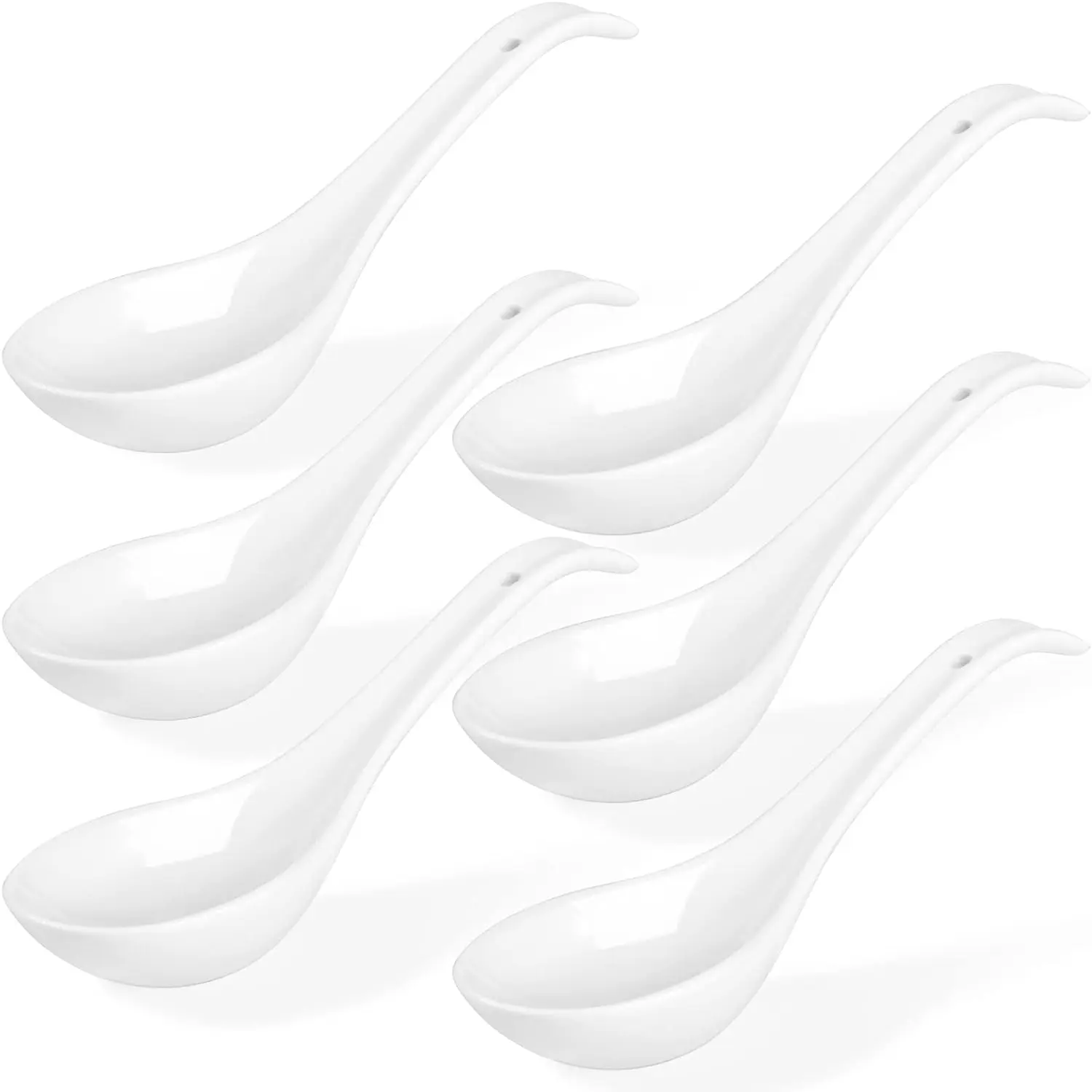 6.75 inch Ceramic Ramen Spoons, Chinese Soup Spoons, Pho Spoons for Cereal , Deep Oval Hook Design, Dishwasher Safe - White - Set of 6