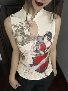 New Summer Women's Sleeveless Tank Top, New Traditional Retro Qipao Design, Lady Portrait Print, Fashionable and Comfortable