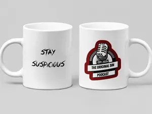 The Original Sin Podcast White 16 oz Mug with Clear Microphone Design Stay Suspicious Est 2024 Perfect for Podcast Enthusiasts