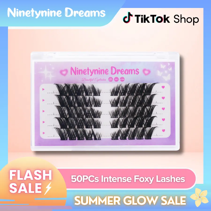 Ninetynine Dreams 50PCs Intense Foxy Lashes | Dramatic Wispy Long Pre-Mapped 8-16mm D Curl Beginner-Friendly False Eyelashes for Cat Eye & Siren Look — Reusable Waterproof Ultra-Thin Band Lash Clusters for Bold Glam Cat Eye Makeup