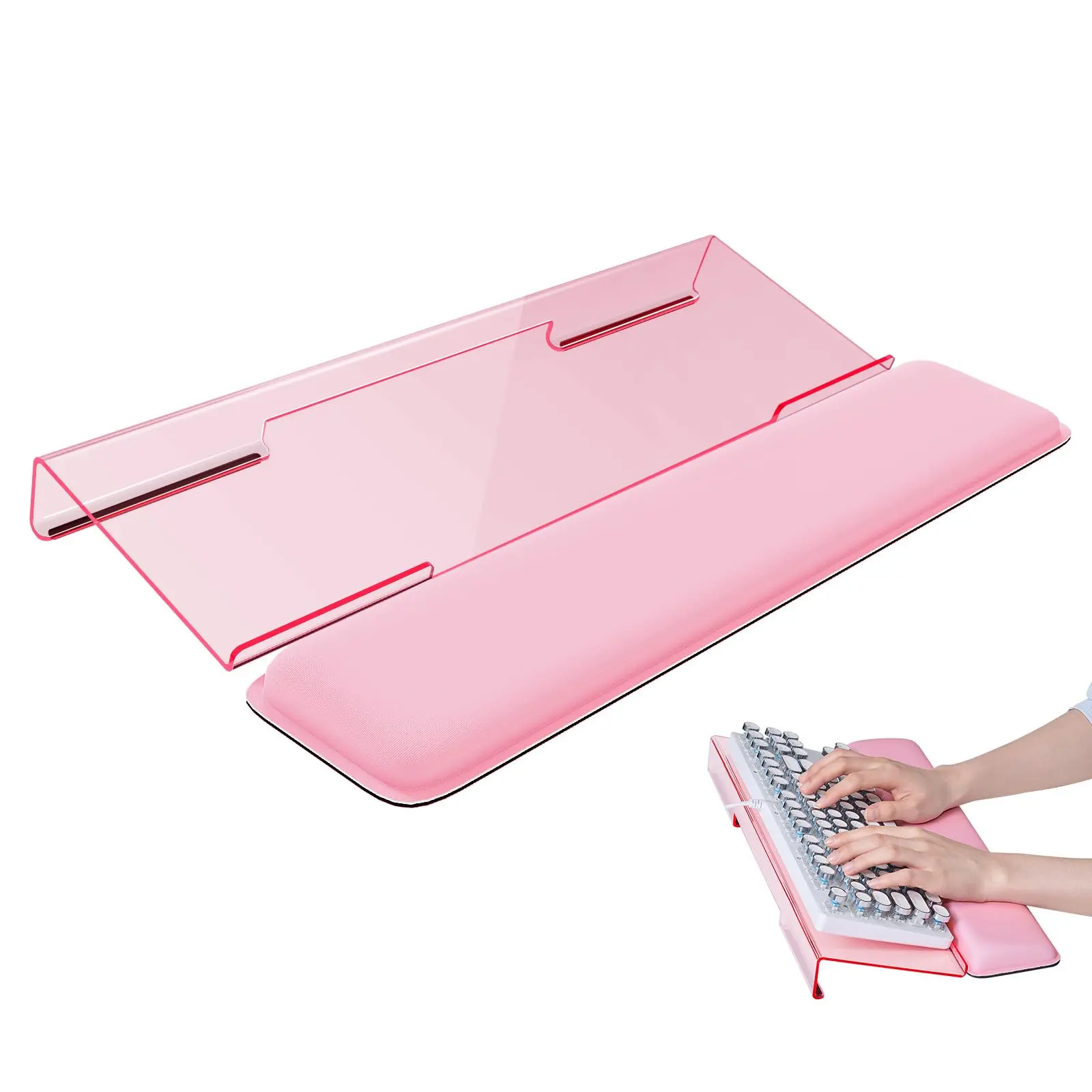 Sturdy Acrylic Adjustable Height Keyboard Wrist Rest Stand with Memory Foam Wrist Pad - Eliminates Tension, Easy Typing for Office Desk, Home (Pink)