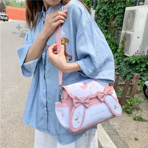 Y2K Cute Girl Lolita Bow Rabbit Shoulder Bag Women Star Moon Canvas Crossbody Bags Korean Kawaii Satchel Bag Sweet Messenger Bag