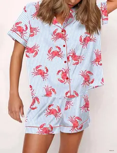 Crab Stripe Satin Pajama Set For Women, Breathable Lightweight Sleepwear