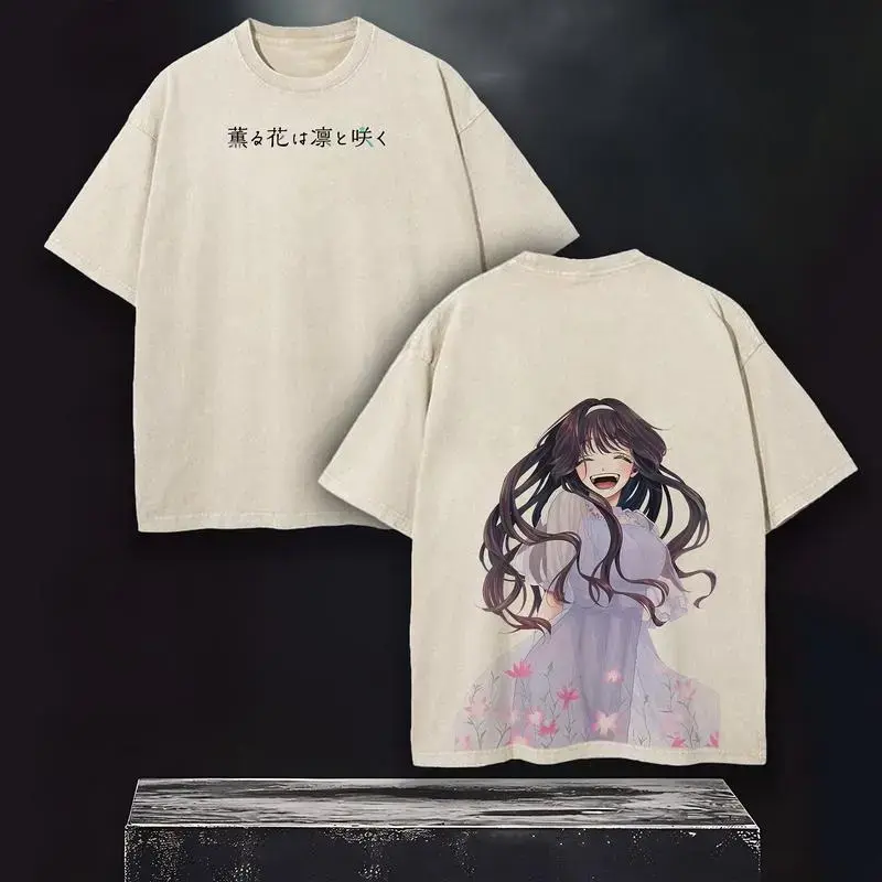 Men's Baggy Round Neck Vintage Washed Short-Sleeve T-Shirt - Japanese Waguri Kaoruko Anime & Floral Print, Casual Manga-Inspired Streetwear