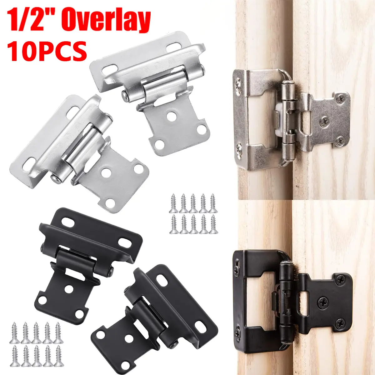 10Pcs 1/2in Overlay Semi-Partial Wrap Self-Closing Door Hinges with 10 Screws, Adjustable Durable Construction Hardware, Hassle-Free Long-Term Performance for Kitchen, Bathroom Cabinets, Enhances Appearance