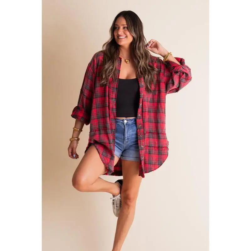 Women's Flannel Tops, Casual Oversized Washed Button-Down Shirt for Female with a Front Pocket and Raw Edges, Shirts