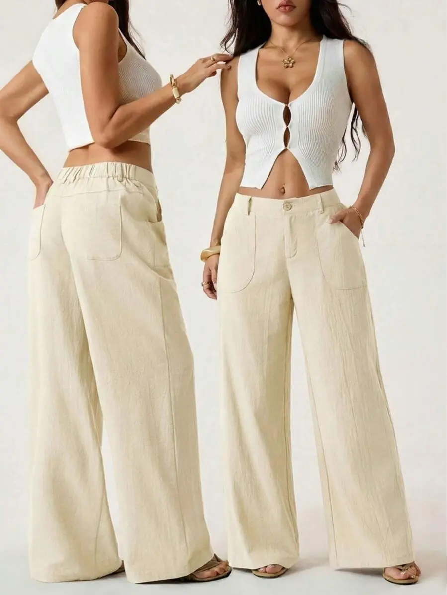 Women's High Waist Wide Leg Pants, Elegant Loose Palazzo Style with Button Front, Breathable for Summer Work & Travel, Bottoms, Comfortable, Light, All Season,  Baggy, Slight Stretch, Casual, Trouser,, Linen Blend, 1 Piece