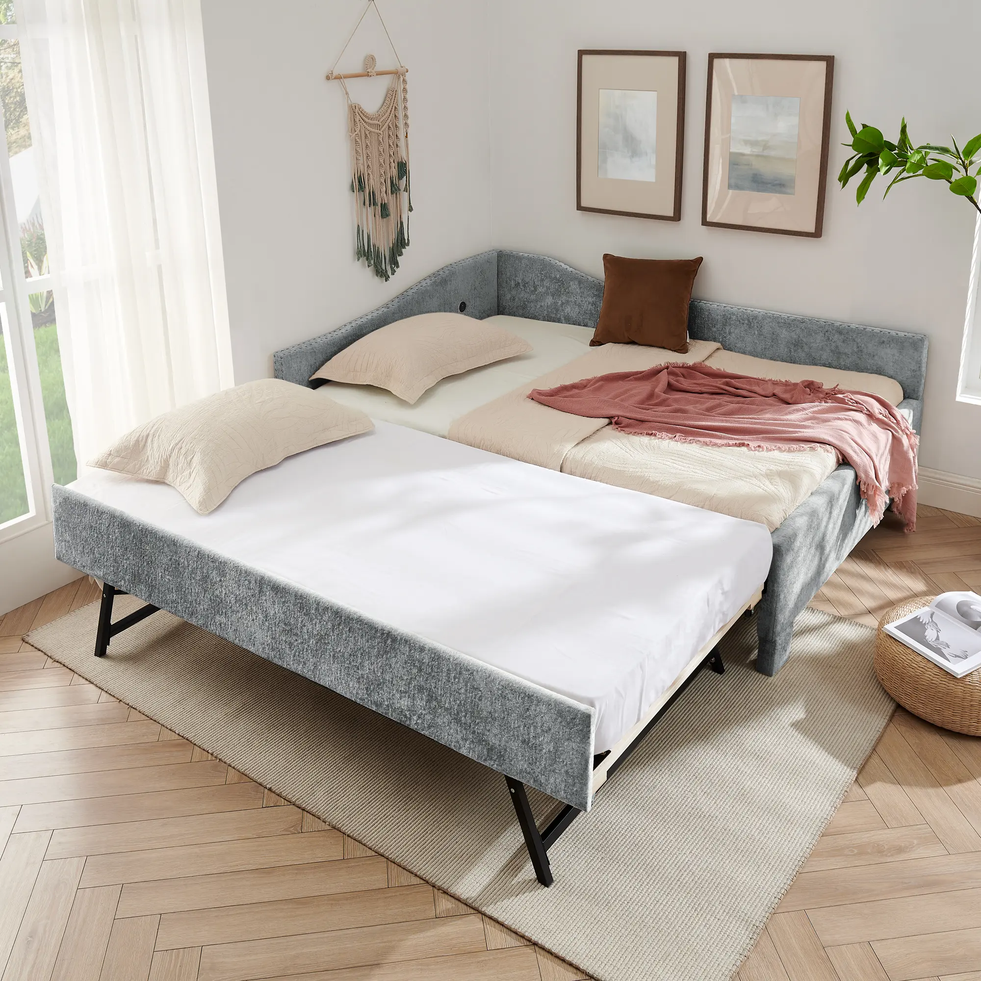 Eyisean Full/Twin Size Chenille Modern Daybed, Curved Round Edge Sofa Bed Frame with Backrest & Pull-Out Trundle, Space-Saving Extendable Corner Bed with USB Port & Rivet Decoration, No Box Spring Needed, Easy Assembly for Bedroom, Living Room, Pull Out B