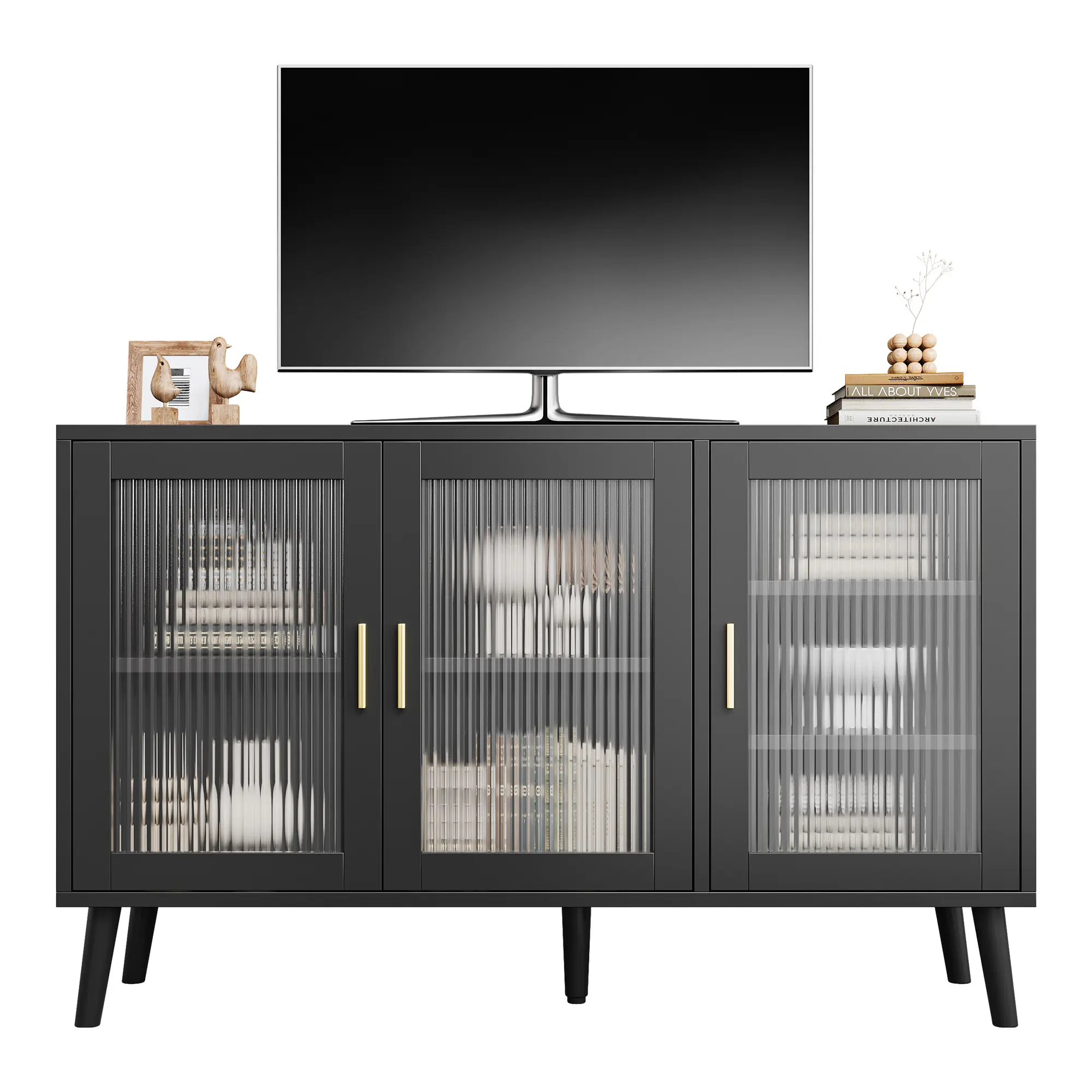 48 Inch Fluted Glass Sideboard Buffet Cabinet with Storage - Dining Room Console Coffee Bar for Kitchen, Living Room - Mid Century Accent TV Stand Furniture