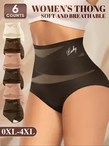 6 Pack 0XL-4XL Plus Size Women's High-Waisted Shapewear Panties, High Waisted Shaper, Elegant Chic Breathable Mesh Cross Design, Comfort Fit, Butt Lifting, All Seasons
