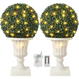 16” Artificial Plant Topiary Ball, Pre-Lit Artificial Topiary Plant with Lights, Timer and Remote Control, Artificial Outdoor Porch Trees with Light Base for Outdoor Indoor White Decor Decorative High Quality Lighting Batteries