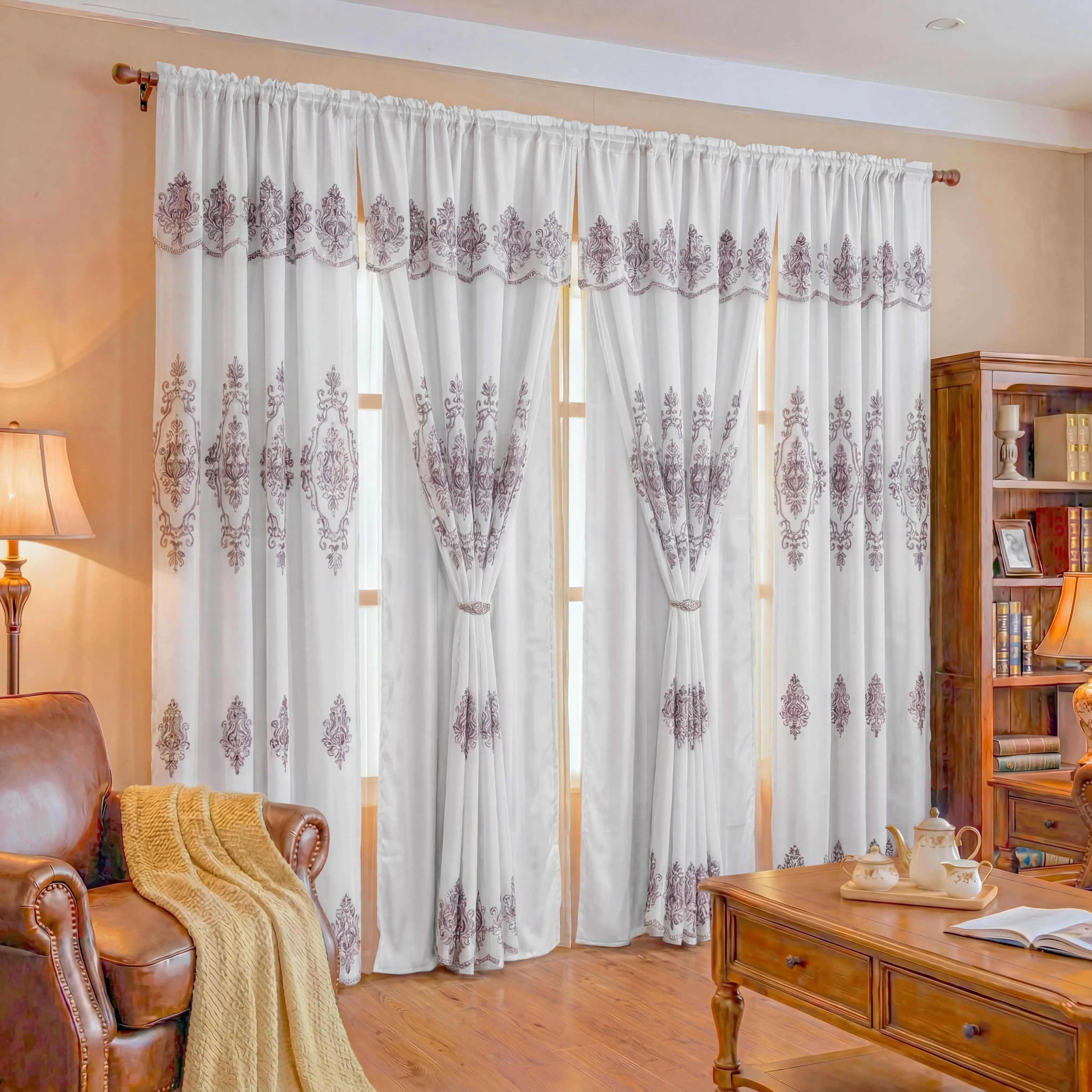 Double Layer Curtains - 4-Panel Luxury Damask Embroidery 52"x84" with Waterfall Valance & Rod Pocket, Wrinkle Resistant Patterned Artistic Decorative Textiles for Living Room Decor, QF01