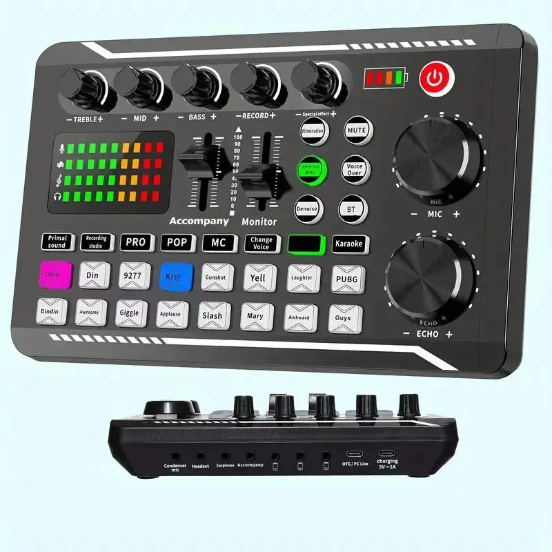 USB Sound Card, Rechargeable DJ Mixer, Sound Board, Podcast Studio Equipment, External Sound Card with Audio Interface for Podcast & Game, Audio Solution for Content Creator