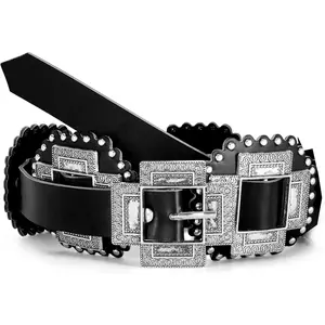 Women Western Concho Leather Belt Cowgirl Boho Belt Chunky for Dresses Concert Festival