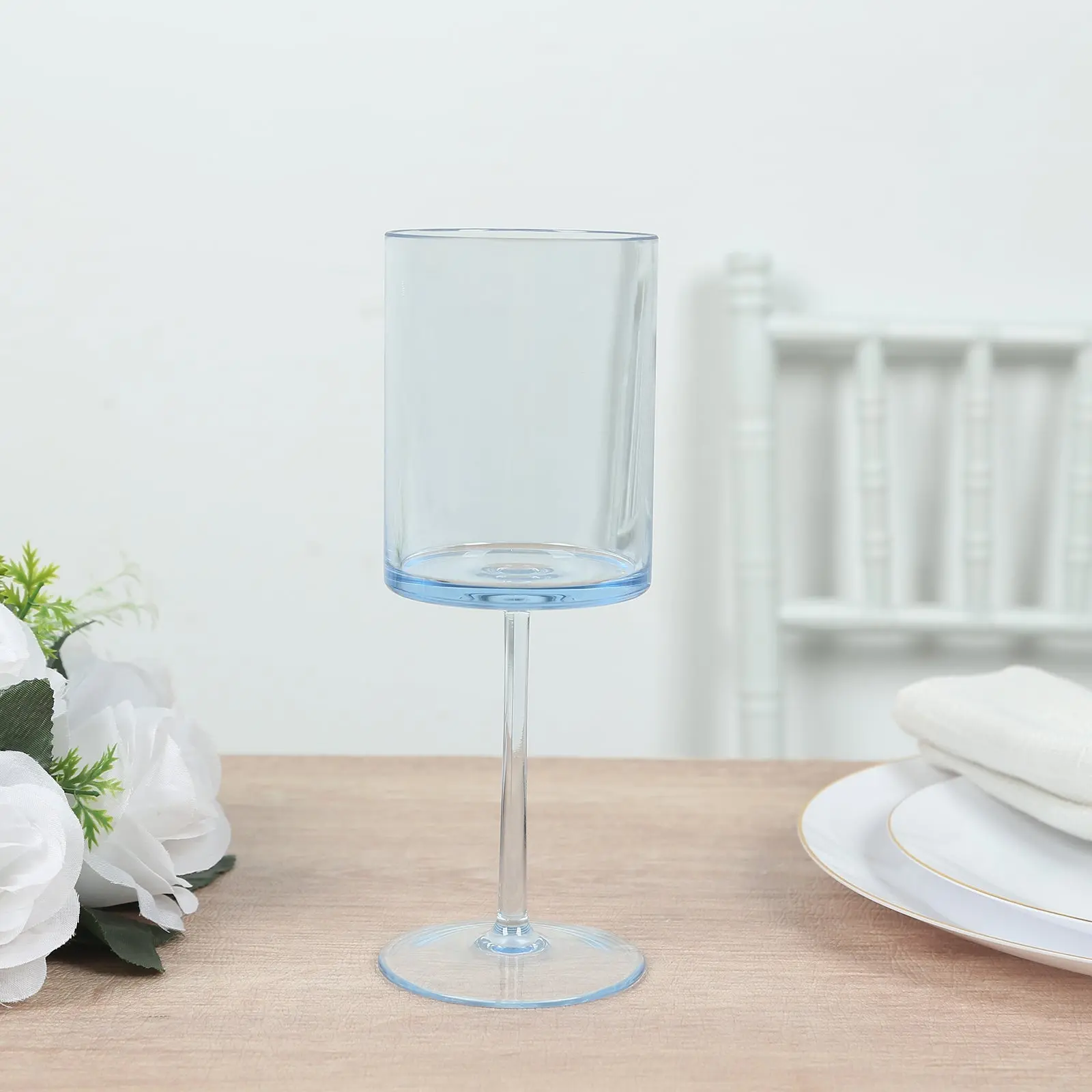 6-Pack Dusty Blue Transparent Plastic Cylindrical Wine Glasses - 10oz Long-Stem Shatterproof Reusable Drinking Glasses Set, Party Supplies, 10 oz Cup for Wedding Table Match, Birthday, Plastic Champagne Cup
