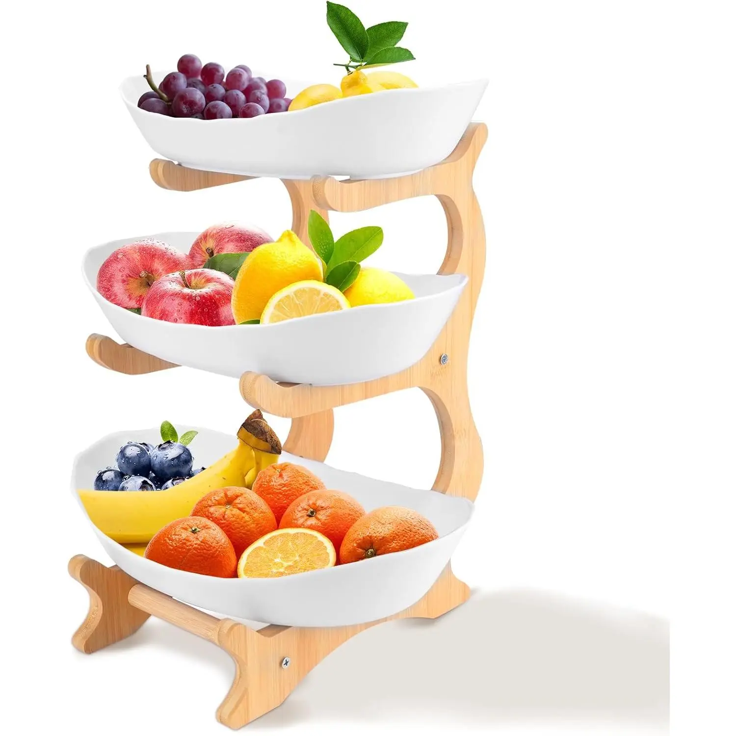 3 Tier Fruit Bowl for Kitchen Countertop, Plastic Fruit Basket with Bamboo Wood Stand, Multi-layer Vegetable Storage Tray, Perfect for Salad, Cake, Snack, Dessert and Party Decoration, White