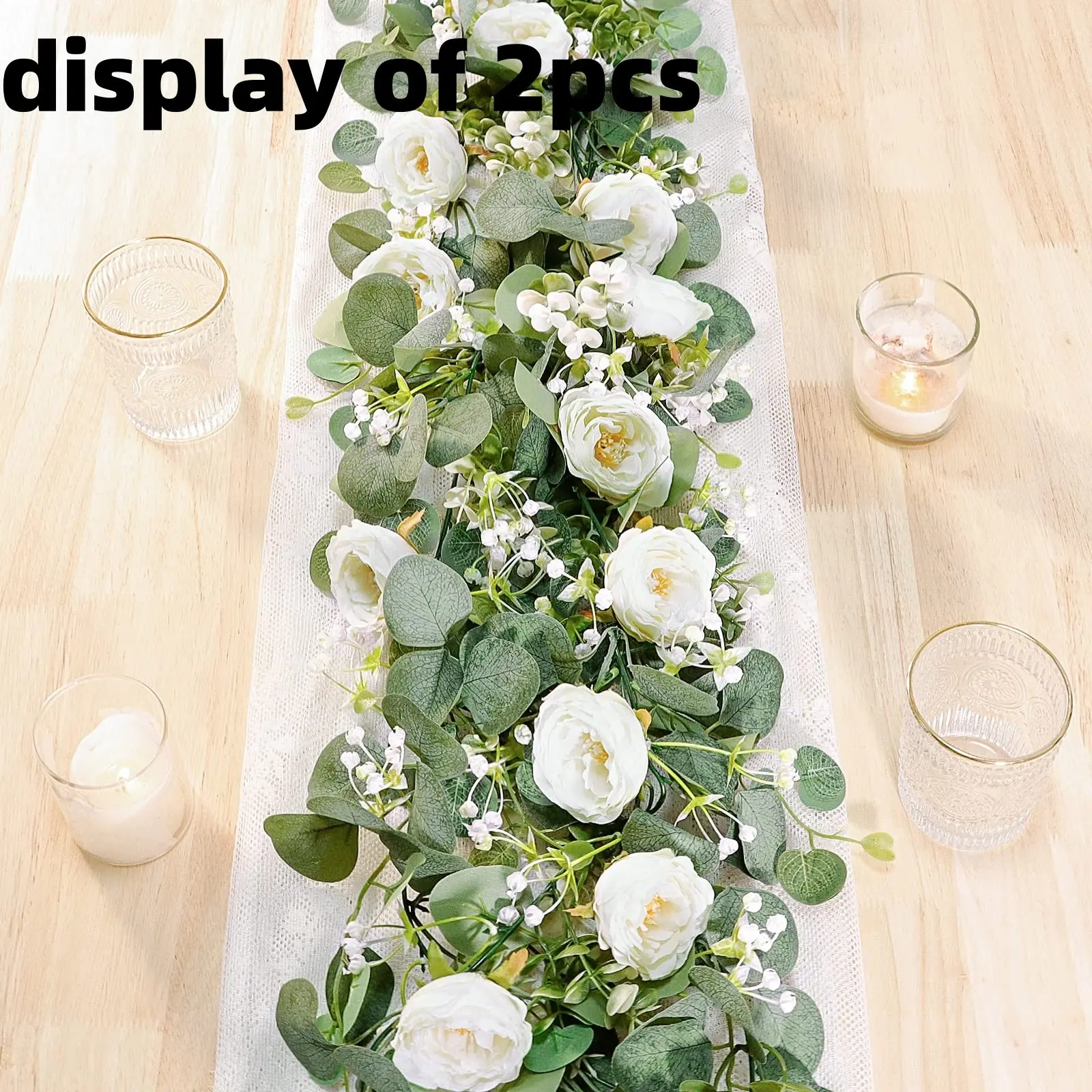 2 Piece Set 13 Foot Artificial Plastic Eucalyptus Wreath with Champagne Roses, Artificial Plants, Fake Rose Plant Garland Vine for Wedding Home Party Decor Faux Flowers Floral Arrangements