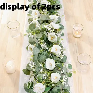 2 Piece Set 13 Foot Artificial Plastic Eucalyptus Wreath with Champagne Roses, Decorative Fake Rose Plant Garland Vine for Wedding Home Party Table Decor Artificial Hanging Flower Faux Eucalyptus Set Faux Floral Arrangements