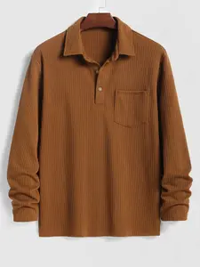 Men's Knit Ribbed Half Buttoned Front Pocket Design Polo Collar Long Sleeves T-shirt long-sleeved polo shirt Menswear Tops mens shirts long  sleeve  shirt Casual Geometric Pattern Sweatshirt